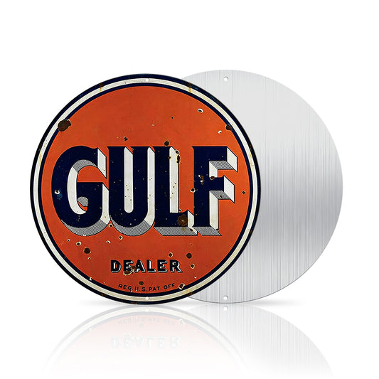 Gulf Dealer Round Metal Sign – Vintage Garage Decor