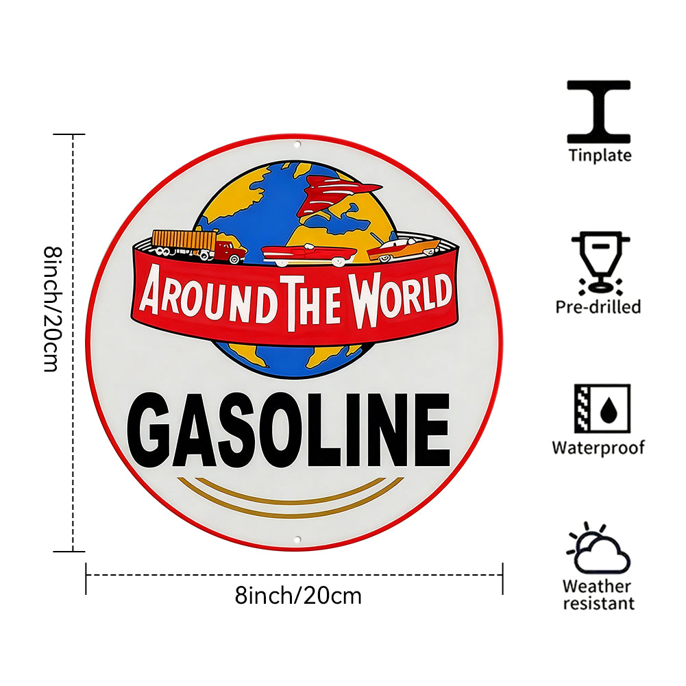 Around The World Gasoline Round Metal Sign