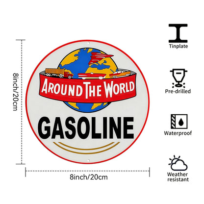 Around The World Gasoline Round Metal Sign
