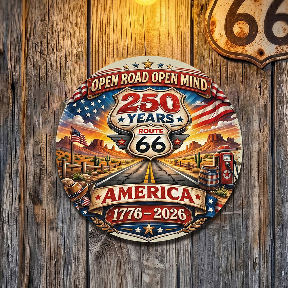 America 250th Anniversary Route 66 Round Metal Sign