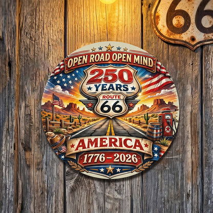 America 250th Anniversary Route 66 Round Metal Sign
