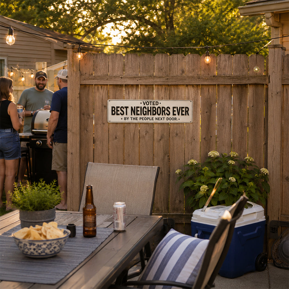 Voted Best Neighbors Ever Metal Sign – Funny Neighbor Gift & Porch Decor
