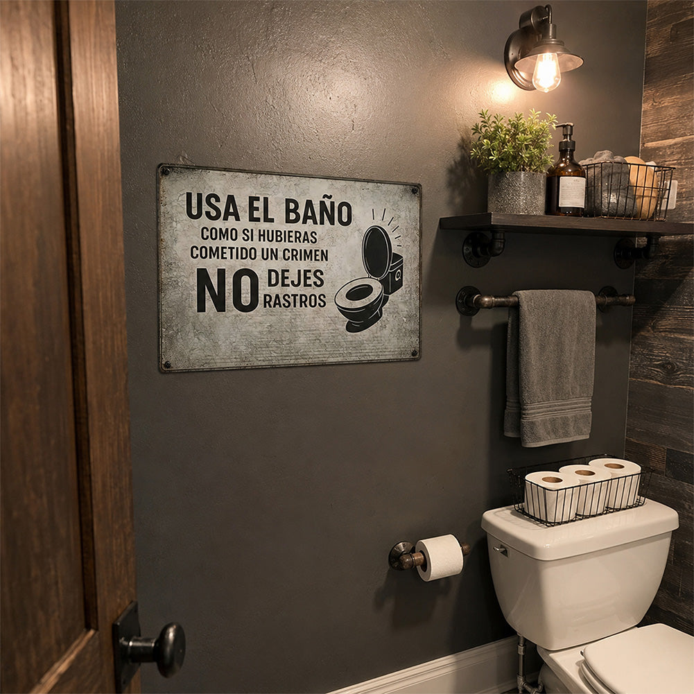 Spanish Funny Bathroom Metal Sign – No Dejes Rastros Wall Decor