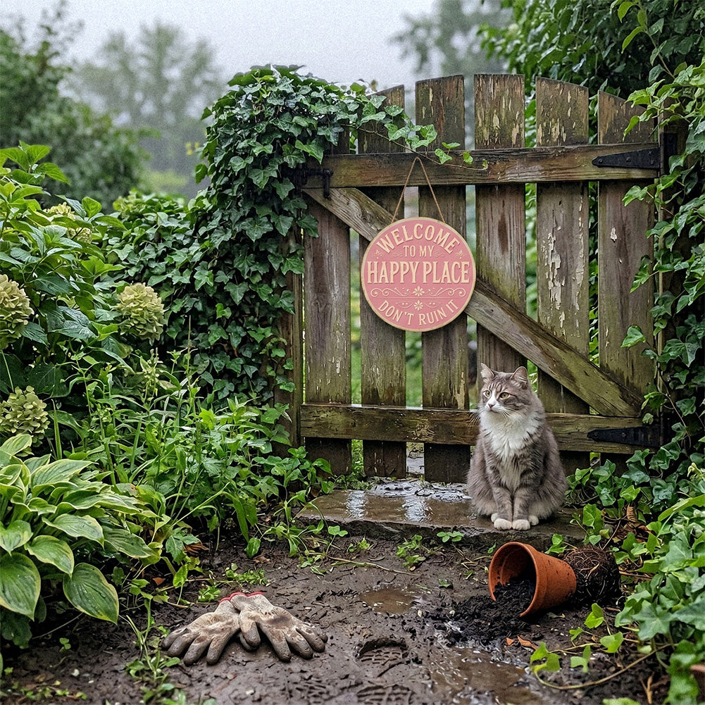 Welcome to My Happy Place Round Metal Sign - Pink