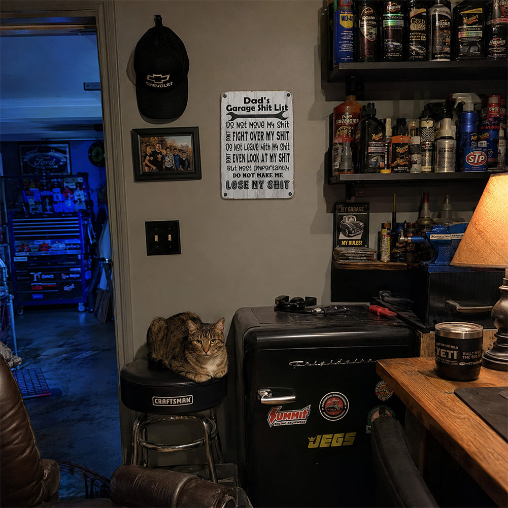 Dad’s Garage Shit List Metal Sign – Funny Garage Rules Wall Decor