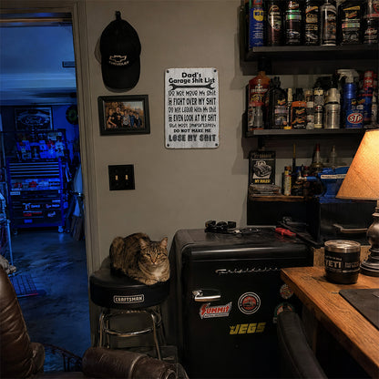 Dad’s Garage Shit List Metal Sign – Funny Garage Rules Wall Decor