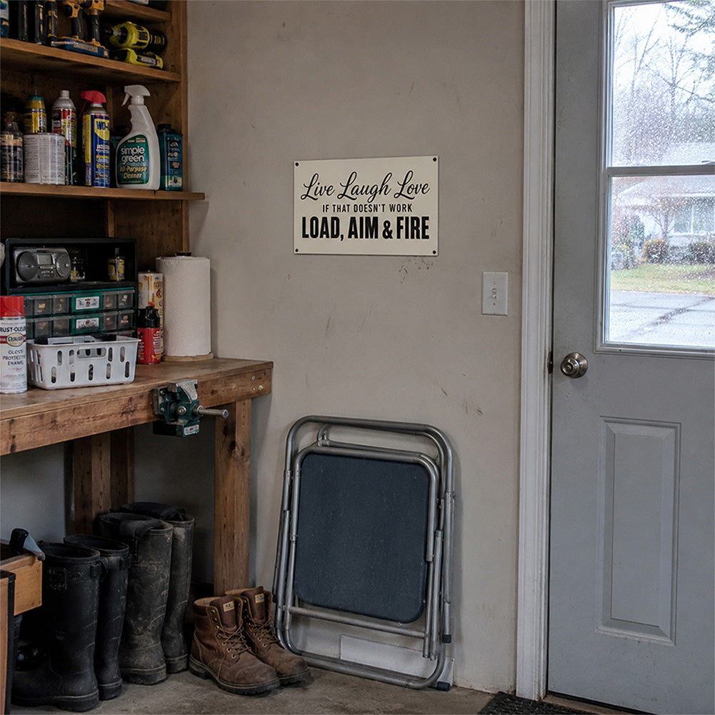 Live Laugh Love Load Aim Fire Metal Sign – Funny Gun Humor Wall Decor