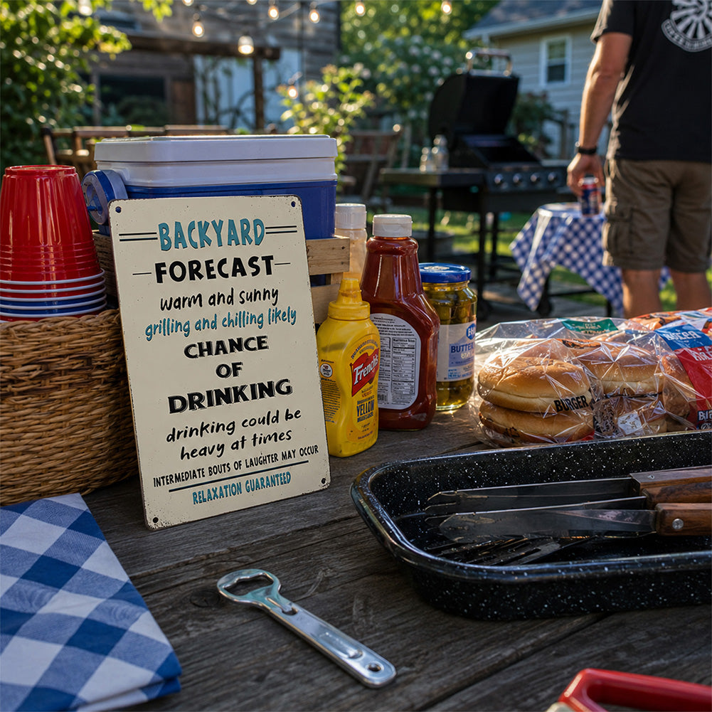 Funny Backyard Forecast Metal Sign - Grilling and Chilling