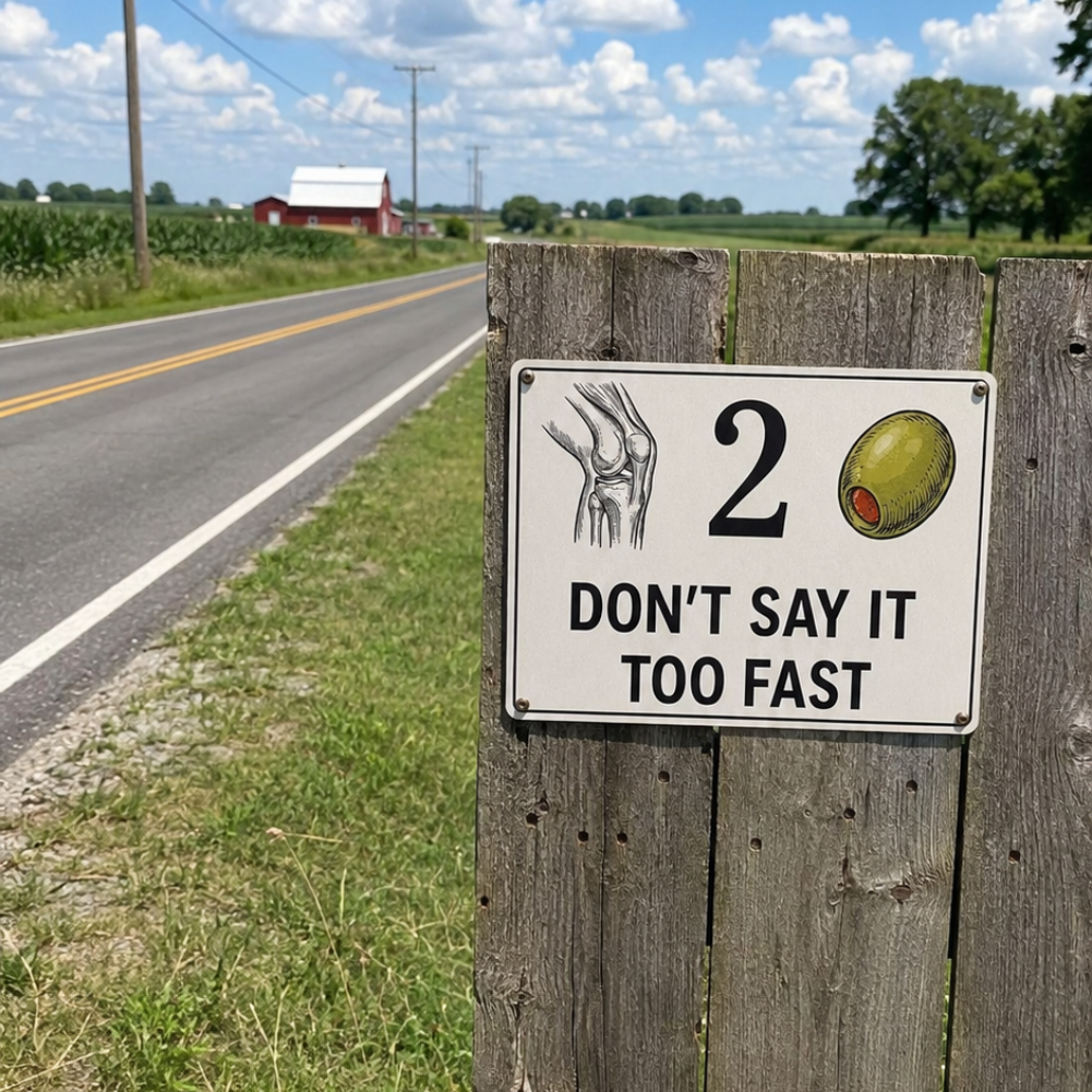 Knee 2 Olive Funny Metal Sign – Don’t Say It Too Fast Wall Decor